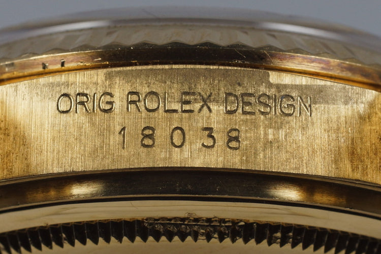 1986 Rolex YG Day Date 18038 Factory Diamond and Ruby String Dial
