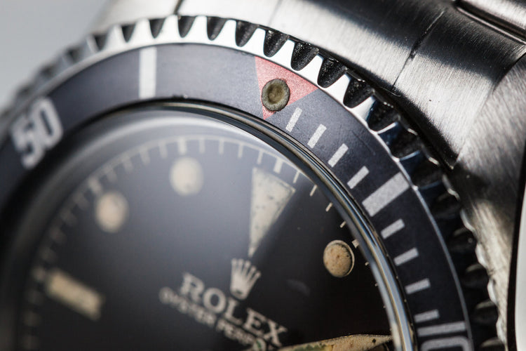 1959 Rolex Submariner 5512 with Tropical Gilt Chapter Ring Dial, Red Triangle Bezel, and Big Logo Stretch Bracelet