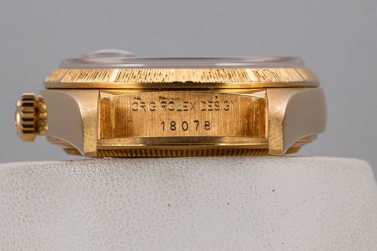 1986 Rolex 18K YG Bark Day-Date 18078 Black Pyramid Dial with Service Papers