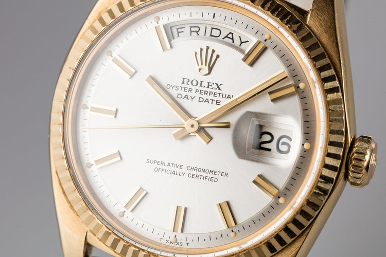 1969 Rolex 18K YG Day-Date 1803 Silver Wide Boy Dial with Box and Papers