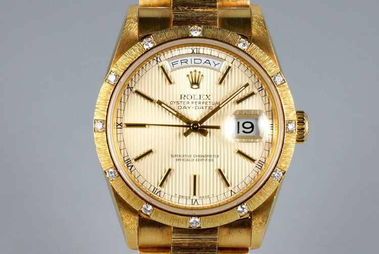 1988 Rolex YG Bark Day-Date 18308 Tapestry Dial with Factory Diamond Bark Bezel