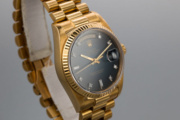 1985 Rolex 18K YG Day-Date 18038A with Factory Diamond Blue Vignette Dial