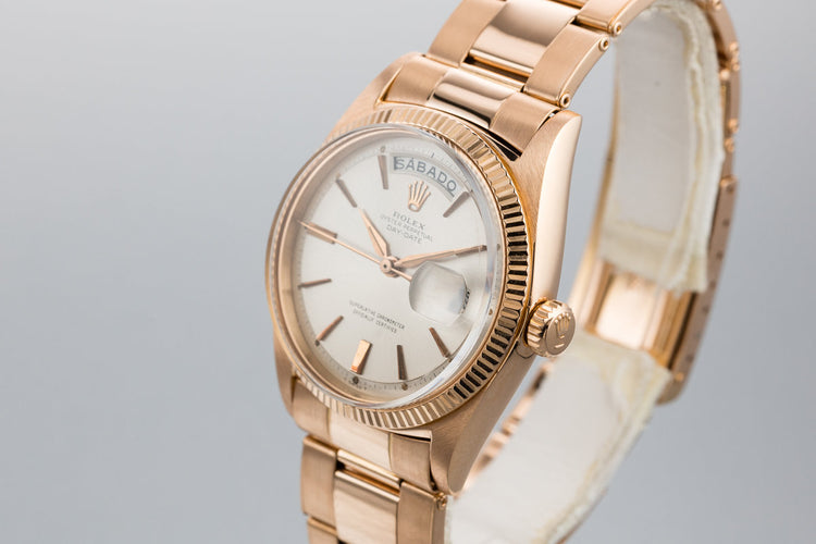 1960 Rolex 18K Rose Gold Day-Date 1803 with Spanish Day Wheel and Oyster Bracelet
