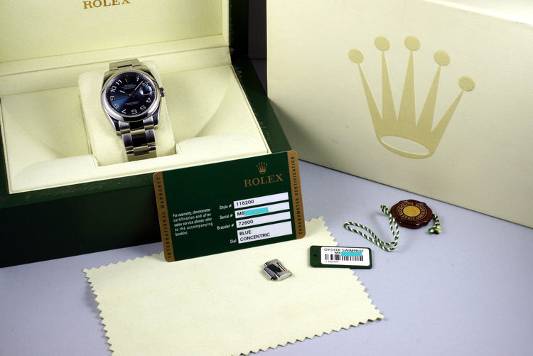 2007 Rolex DateJust 116200 Blue Arabic Dial with Box and Papers