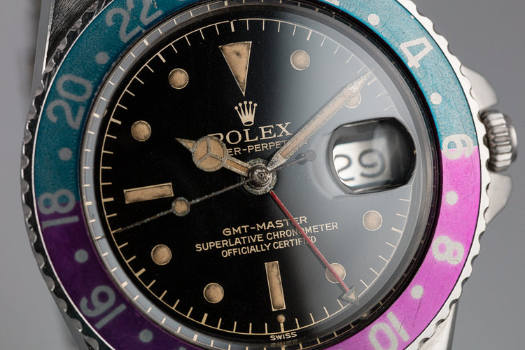1961 Rolex Pointed Crown Guard GMT-Master 1675 Fuchsia with Gilt Chapter Ring Exclamation Dial