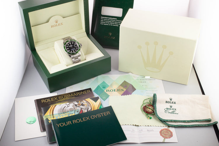 2005 Rolex Green Submariner 16610V with Box and Papers