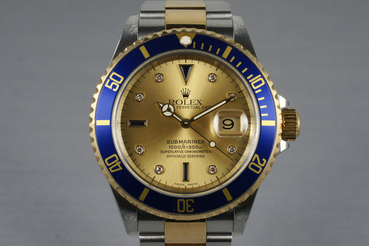 2000 Rolex Two Tone Submariner 16613 Serti Dial with Box and Papers