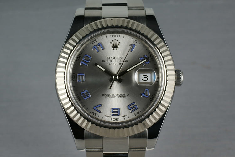 Rolex Datejust II Ref: 116334 with RHODIUM and BLUE ARABIC dial