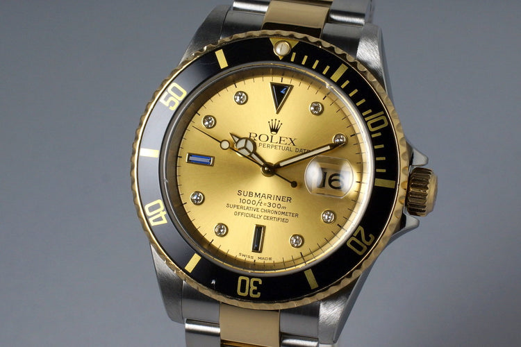 2002 Rolex Two Tone Submariner 16613 Serti Dial with Box and Papers