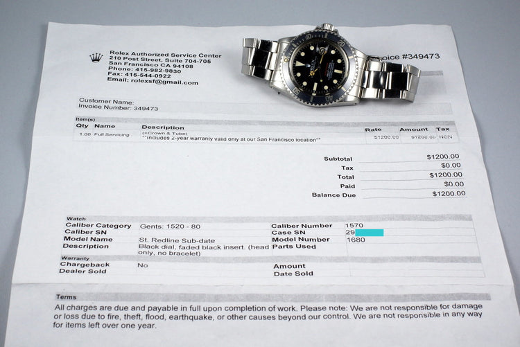 1970 Rolex Red Submariner 1680 Mark V Dial with RSC Papers