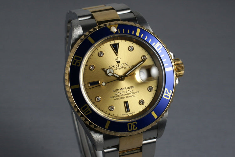 2000 Rolex Two Tone Submariner 16613 Serti Dial with Box and Papers