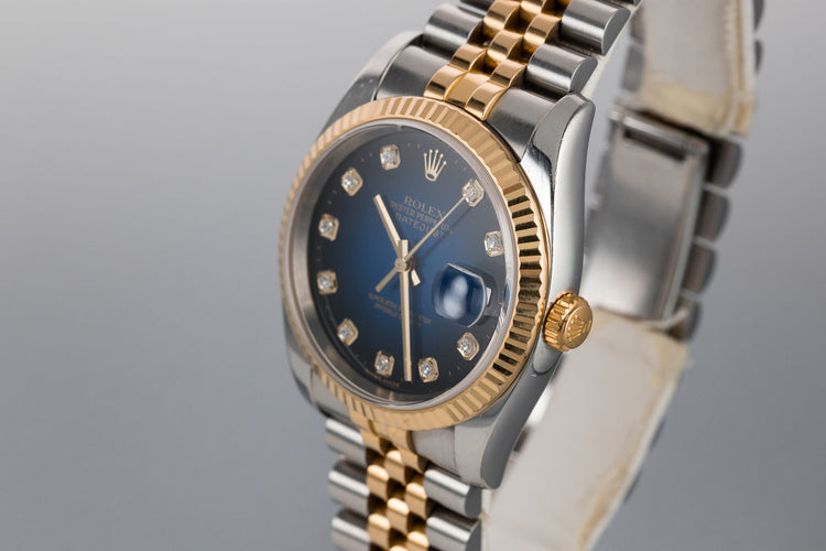 2003 Rolex Two Tone DateJust 116233 with No Lume Blue Diamond Vignette Dial