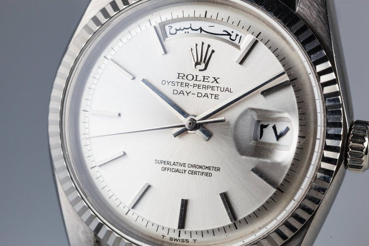 1966 Rolex 18K WG Day-Date 1803 No Lume Dial Day and date wheels Printed in Arabic