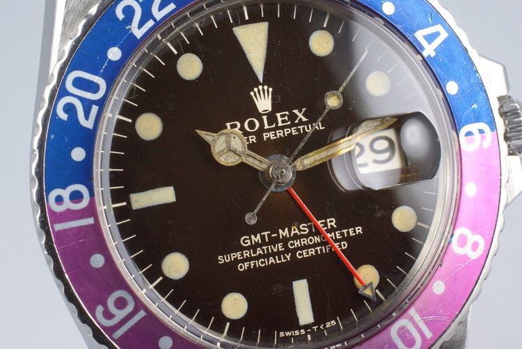 1965 Rolex GMT 1675 Brown Glossy Gilt Dial with Fuchsia Insert