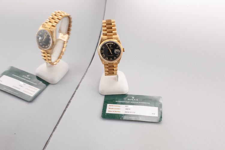 1986 Rolex 18K YG Bark Day-Date 18078 Black Pyramid Dial with Service Papers