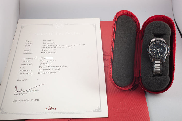 1967 Omega Straight Lug Pre-Moon Speedmaster Professional 105.003 with Extract from the Archives Paper and Case