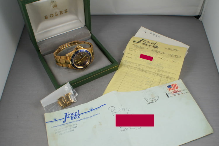Rolex 18K Yellow Gold Submariner 1680 with Box, Papers, Sales Receipt