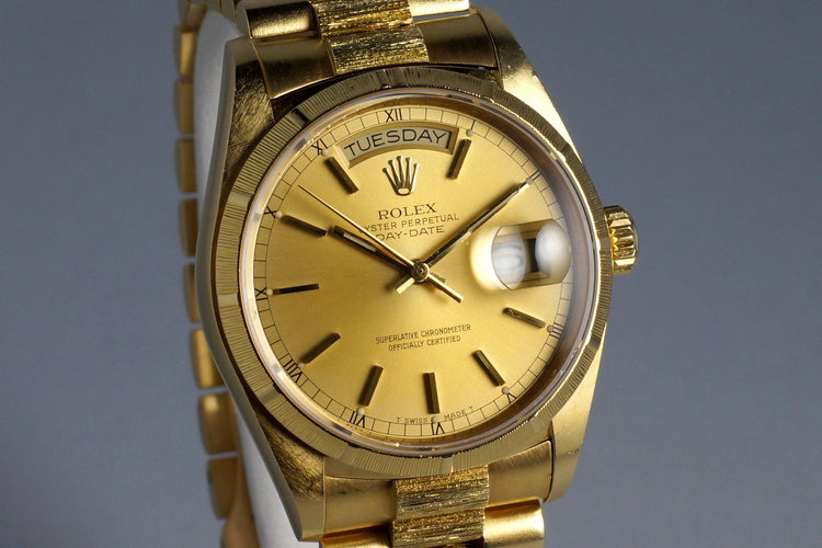 1985 Rolex YG Bark Day Date 18078 Champagne Dial with Box and Papers
