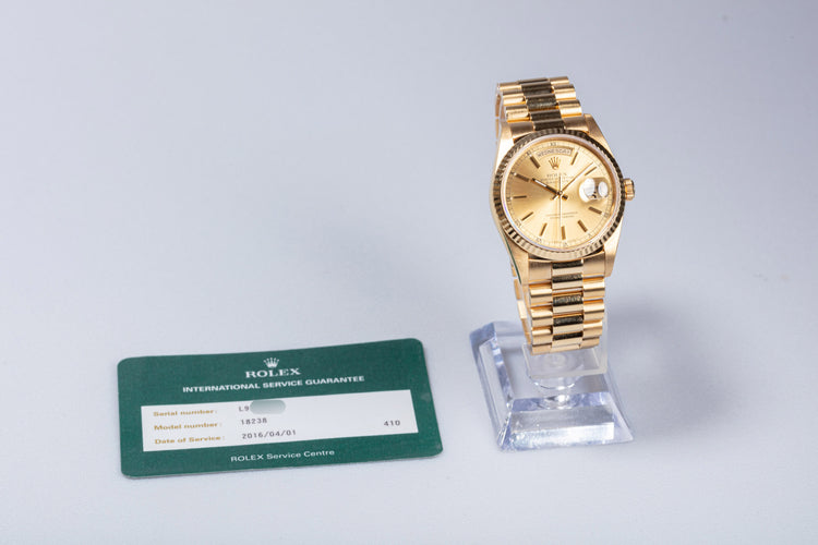 1989 Rolex Day-Date 18238 Champagne Dial with Rolex Service Card