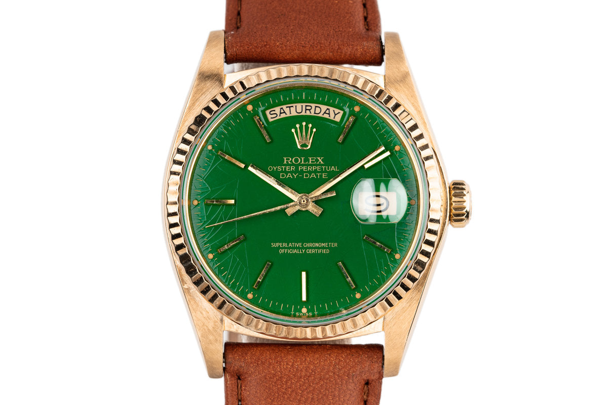 118138-0003 Rolex Day-Date 36 Yellow Gold Green Dial Leather Watch