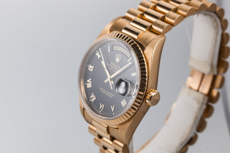 1991 Rolex 18k Day-Date 18238 Black Roman Dial