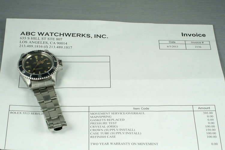 1965 Rolex Submariner 5513 Tropical Gilt Dial with Service Papers