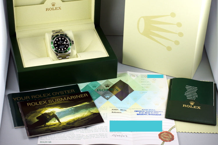 2006 Rolex Green Submariner 16610V with Box and Papers