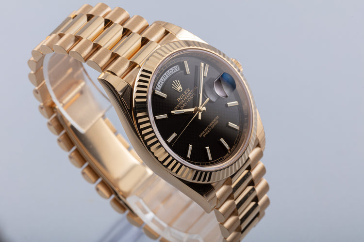 2021 18K Day Date 228238 Bright Black Diagonal Motif Dial Box & Card