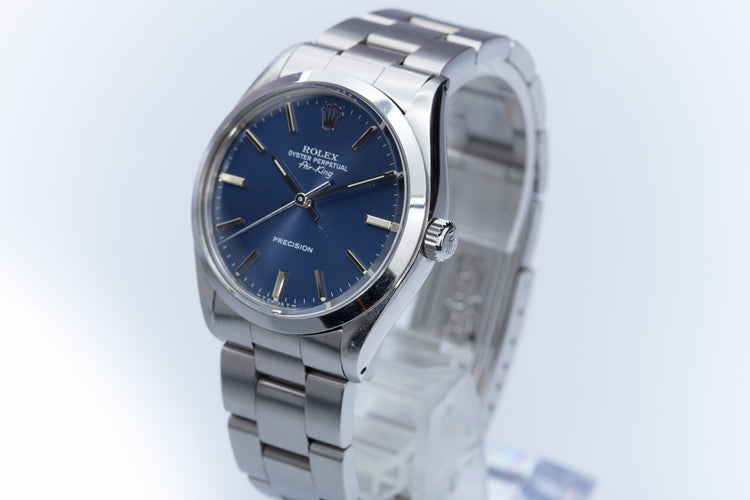 1987 Rolex Air-King 5500 Blue Stick Dial & Creamy Lume Plots with Box, Papers, Booklets, & Service Card