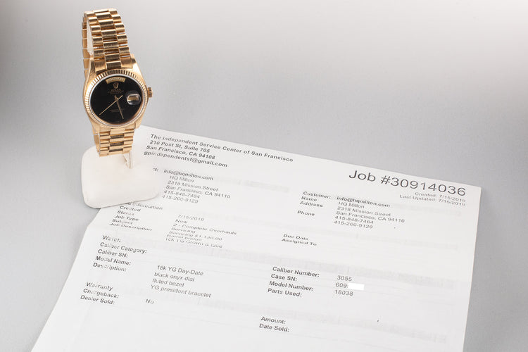 1979 Rolex 18K YG Day-Date 18038 Onyx Dial with Service Papers