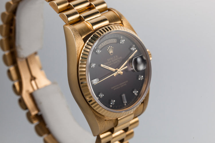 1986 Rolex YG Day Date 18038 Factory Diamond Red Vignette Dial with Box and Papers
