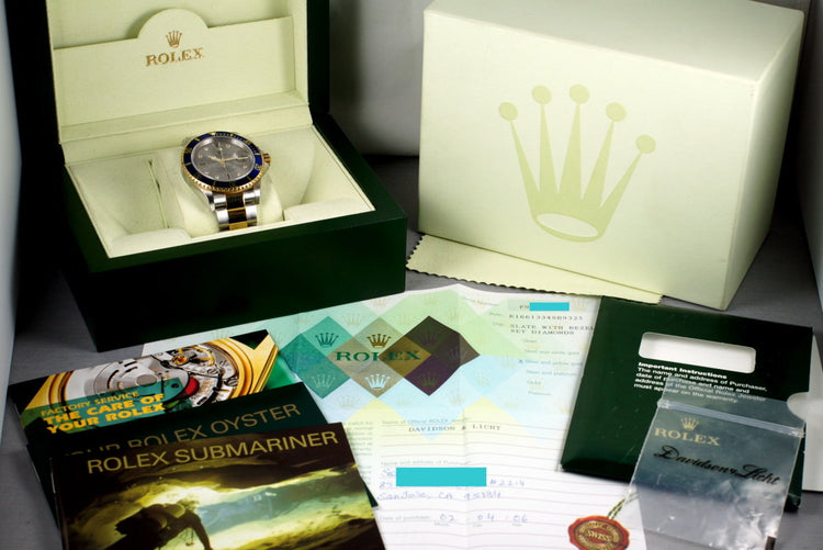 2003 Rolex Two Tone Submariner 16613 Serti Dial with Box and Papers
