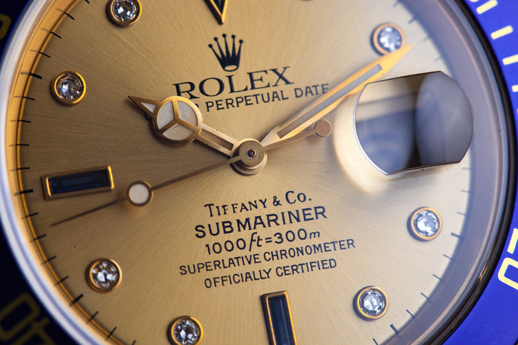 1990 Rolex YG Submariner 16618 Gold Tiffany & Co. Dial with Sapphire and Diamonds