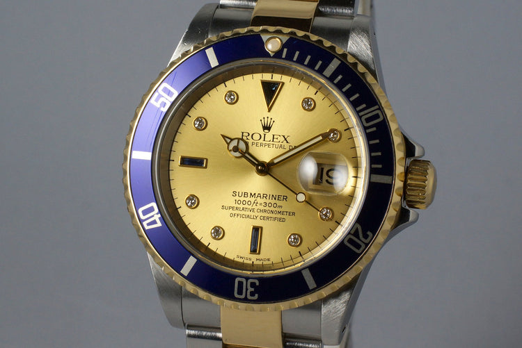 2000 Rolex Two Tone Submariner 16613 Champagne Serti Dial with Box and Papers