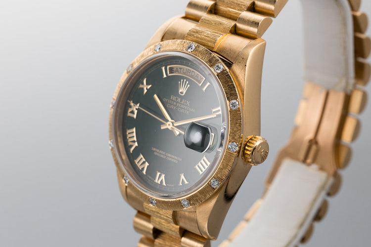 1985 Rolex 18K Day-Date 18108 with Blood Stone Dial and Bark Finish Diamond Bezel Insert