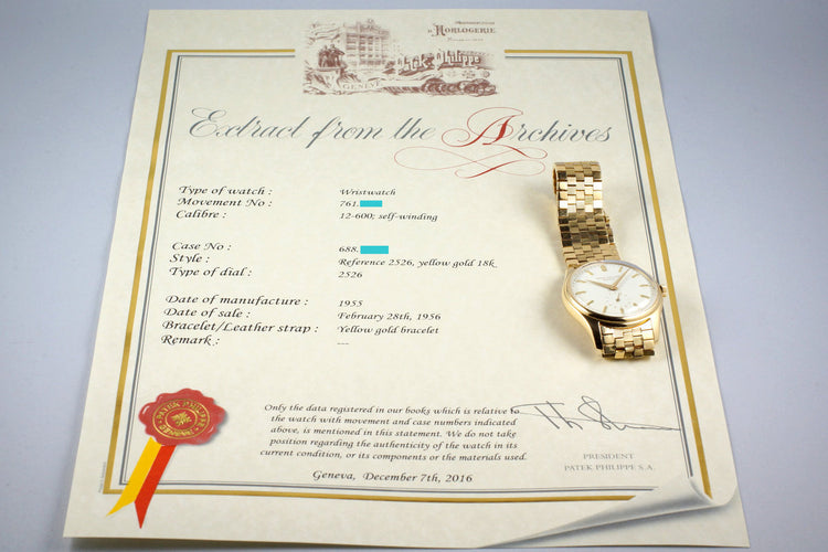 1955 YG Patek Philippe Calatrava 2526 Automatic with White Enamel Dial with Archive Papers