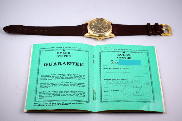1968 Rolex YG Day-Date 1803 Gray Non-Luminious ‘Wide Boy’ Dial with Punched Papers