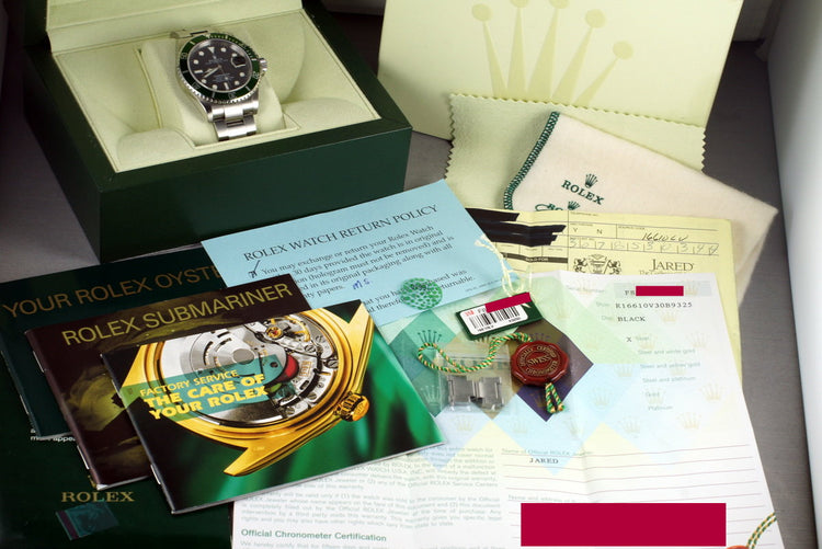 2005 Rolex Green Submariner 16610 with Box and Papers