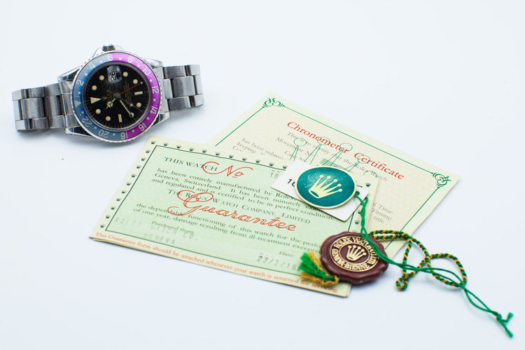 1963 Rolex GMT 1675 PCG Gilt UNDERLINE Dial with and Fuchsia Insert and Papers