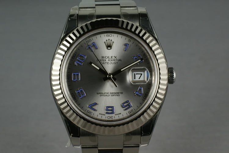 Rolex Datejust II 116334 with RHODIUM and BLUE ARABIC dial MINT