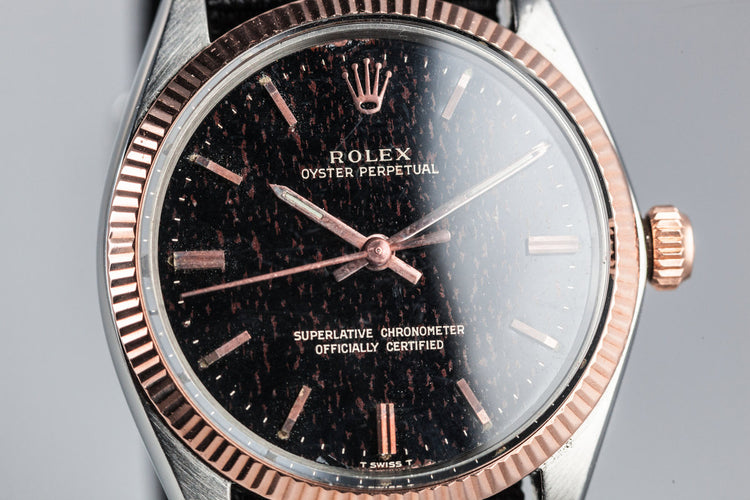 1964 Rolex Rose Gold and Stainless Steel Oyster Perpetual 1005 Black Gilt Dial