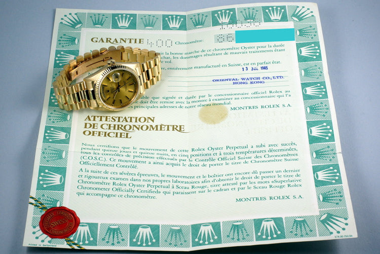1985 Rolex YG Day Date 18038 with Papers