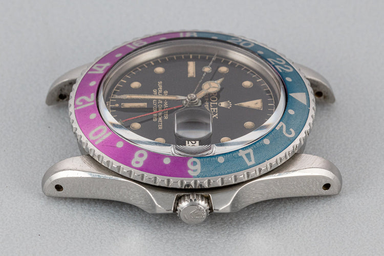 1961 Rolex Pointed Crown Guard GMT-Master 1675 Fuchsia with Gilt Chapter Ring Exclamation Dial