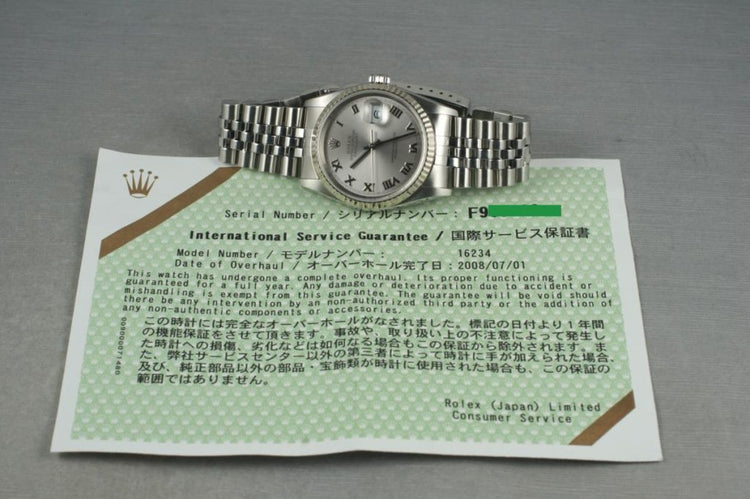 2003 Rolex Datejust 16234 Silver Roman Chapter Ring Dial With RSC Papers