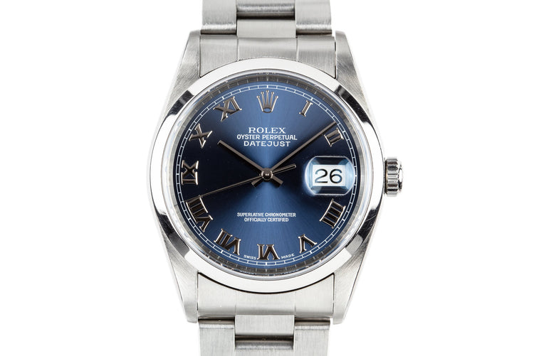 1999 Rolex DateJust 16200 Blue Roman Numeral Dial with Service Papers