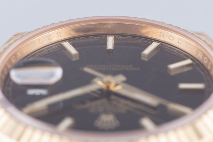 2021 18K Day Date 228238 Bright Black Diagonal Motif Dial Box & Card