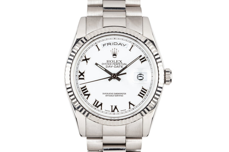 2000 Rolex 18K White Gold Day-Date 118239 Roman Numeral Dial