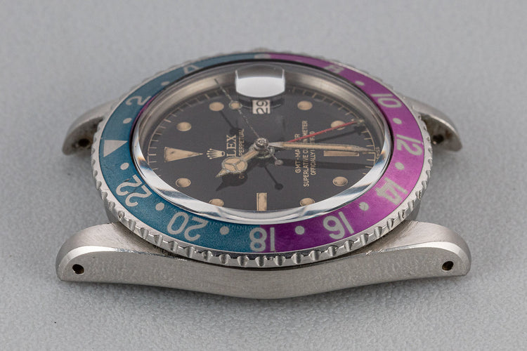 1961 Rolex Pointed Crown Guard GMT-Master 1675 Fuchsia with Gilt Chapter Ring Exclamation Dial