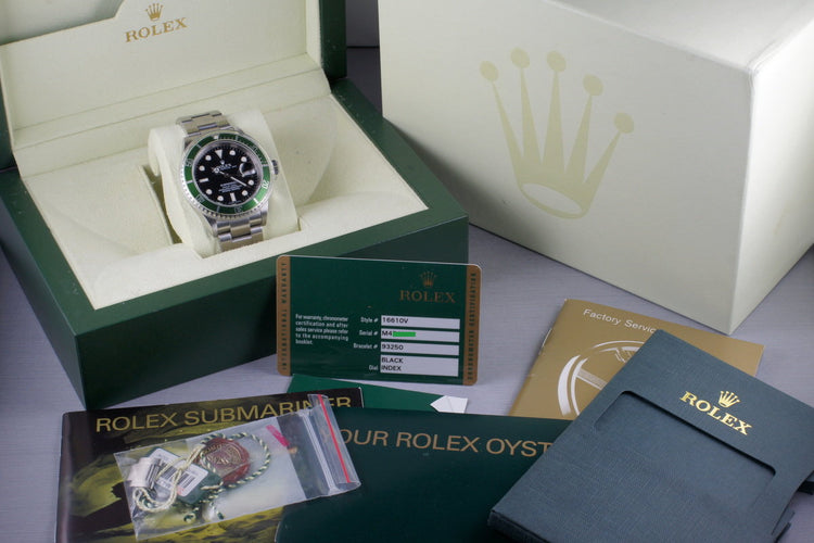 2007 Rolex Green Submariner 16610V with Box and Papers