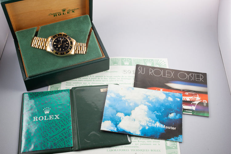 1979 Rolex 18K YG GMT-Master 1675 Black Nipple Dial with Box and Papers
